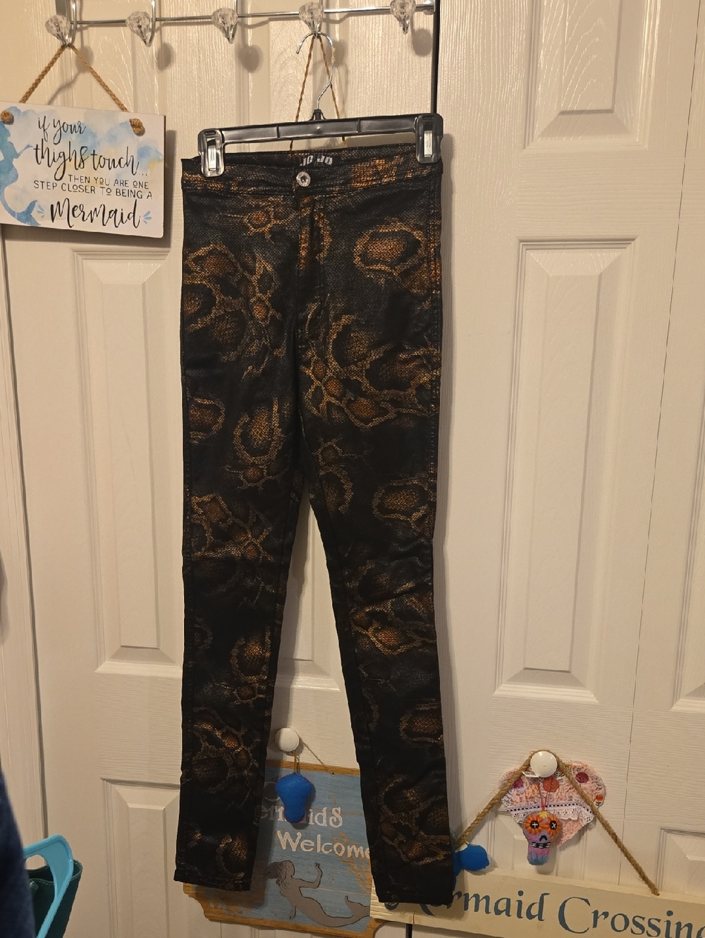 Snake-Print Black Skinny Pants with Metallic Gold Accents